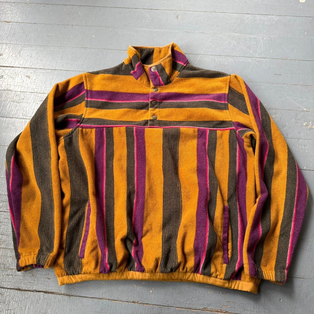 ONeill unisex Fleece Pullover Quarter Snap Mock Neck Striped Yellow Purple Small
